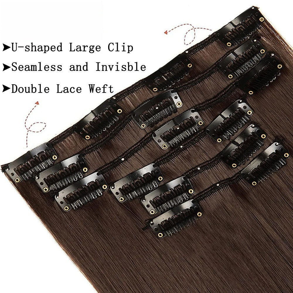 16 Presilhas em Apliques de Cabelo 60cm de Comprimento Liso Penteado Sintético Loiro Preto Perucas Resistente ao Calor Cabelo Falso 6Pçs/Conjunto