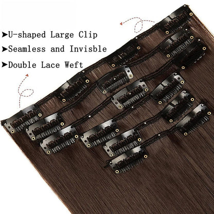 16 Presilhas em Apliques de Cabelo 60cm de Comprimento Liso Penteado Sintético Loiro Preto Perucas Resistente ao Calor Cabelo Falso 6Pçs/Conjunto