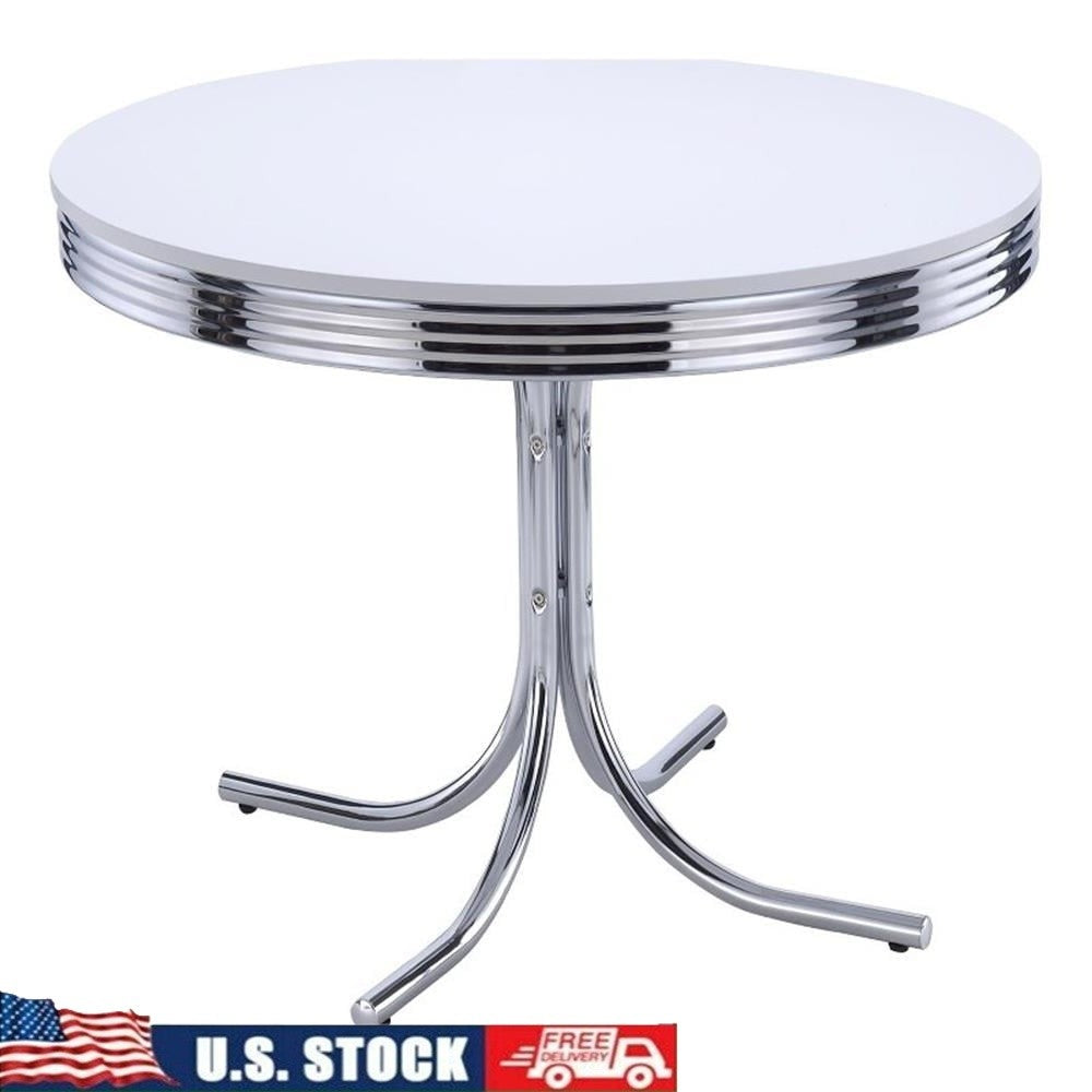 Retro Round Dining Table with Chrome Legs Glossy White Finish Indoor Seating 4 Mid-Century Style Easy Assembly