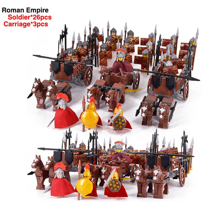 MOC Império Romano Exército Espartano Soldado Medieval Carruagem Blocos de Montar Tijolos Brinquedos de Capacete de Guerra Militar Antiga Para Crianças
