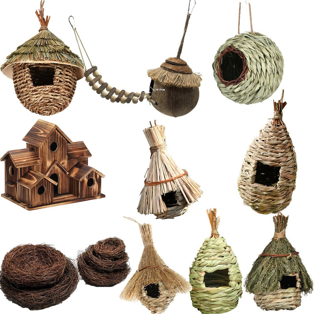 Casa de Pássaros com Vários Estilos Design Criativo Exclusivo Gaiola de Pássaros Confortável de Grama Natural Tecida Decoração para Esconderijo em Janelas de Jardim Externas