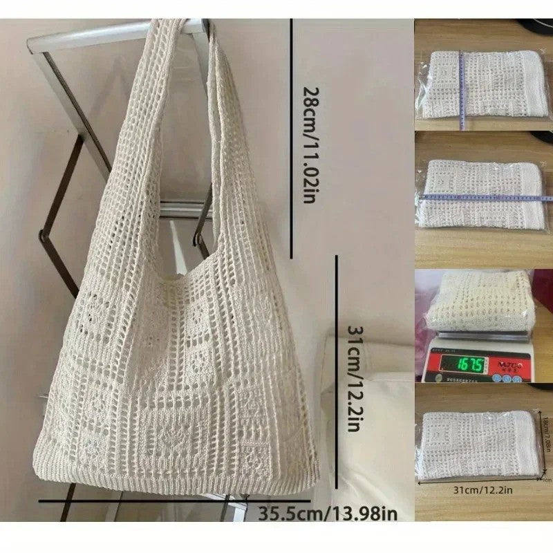 Knitted Shoulder Bag for Women's Leisure Commuting Hollowed Out Large Capacity Woven Handbag