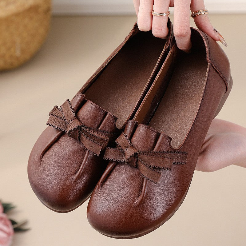 Vintage Plain Oxfords Shoes Women's Genuine Leather Flats Ladies Laced Up Moccasins Elderly Woman Square Toe Driving Loaferss