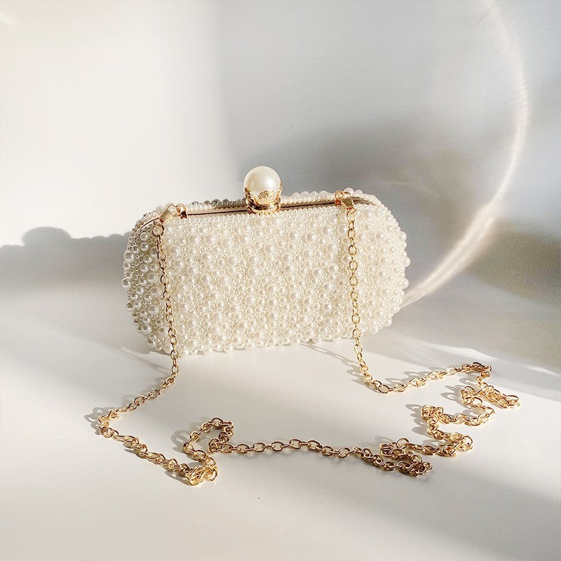 Luxury Crystal Pearl Beaded Evening Clutch Handbag Lady Elegant Wedding Purse Women Oval Shaped Crossbody Chain Bag