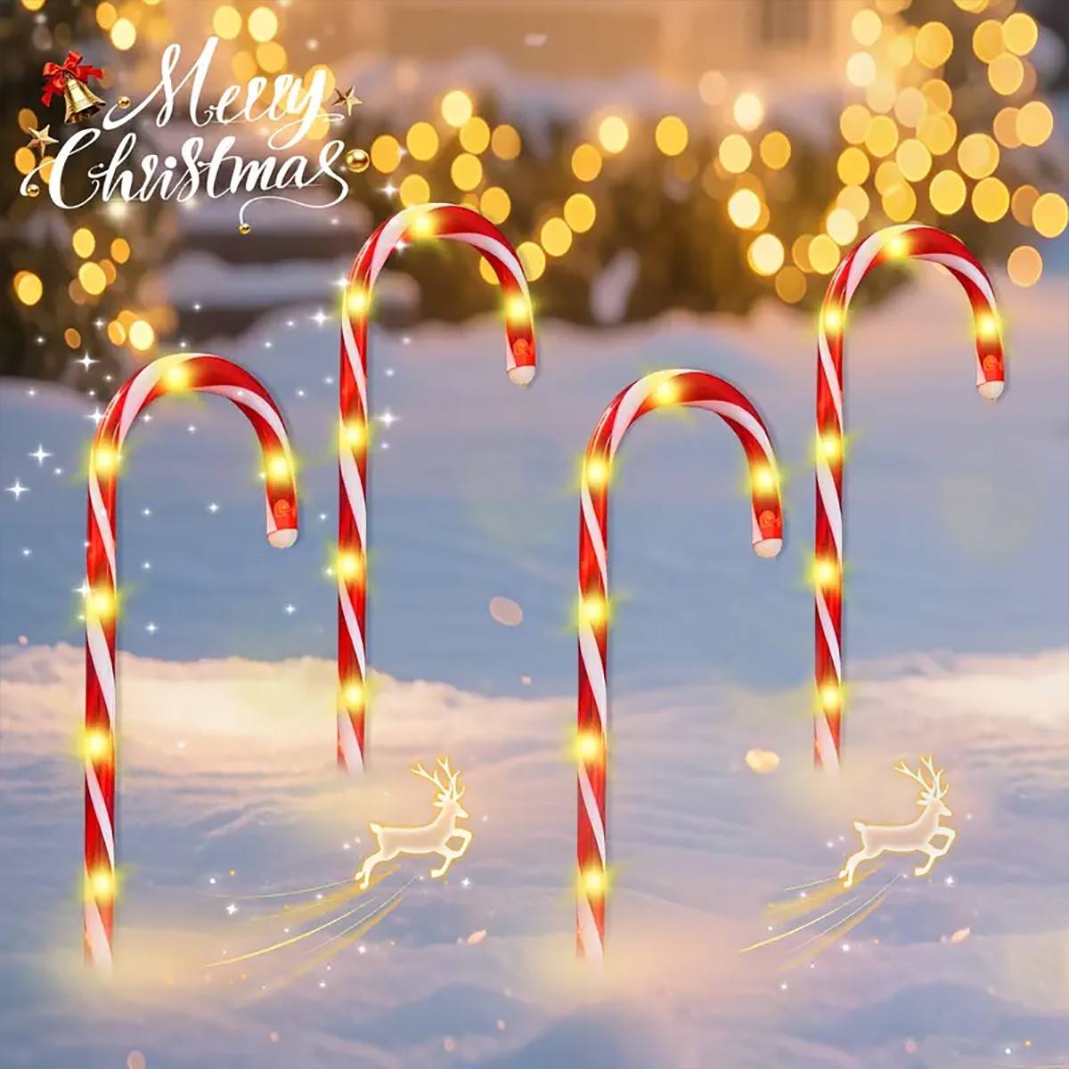 1 set of 5-in-1 outdoor solar powered Christmas cane lights, suitable for decorating Christmas, gardens, and Christmas trees