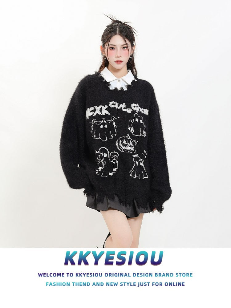 KKyesiou Dopane Orange Knitted Sweater loween Design Men Women Retro American Sle Couple's Long Sve Casual Loose Fit