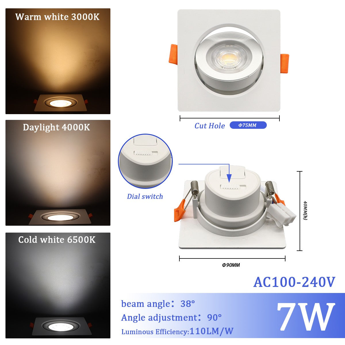 1-10pcs LED Change color 3 CCT 3000K 4000K 6000K LED Ceiling Spotlight embedded light 7W AC 110V 220V Adjust 90° lighting Spot