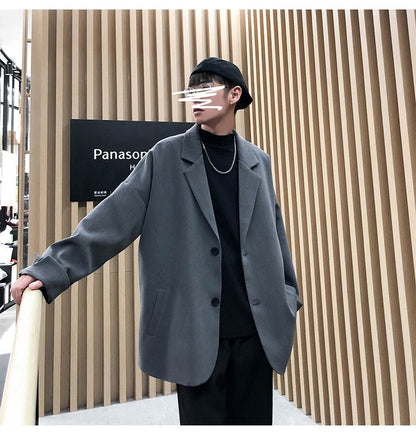 Autumn Men's Casual Solid Color Blazer Korean Style Business Single Trendy Oversize Business Suit Jackets Retro Daily Streetwear