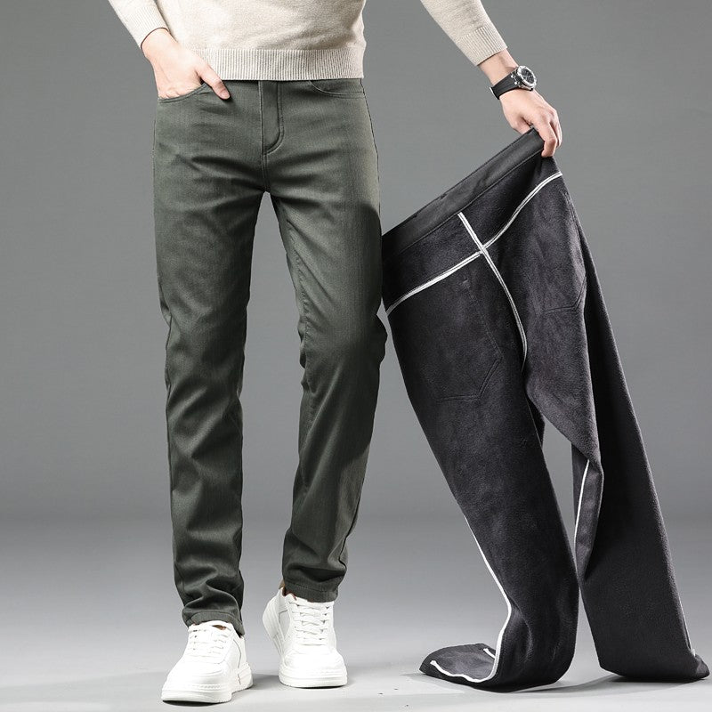 Fleece Pants Men's Winter Thick Slim Elastic Business Casual Velvet Pants Warm Fashion Solid Color Plush Trousers Male