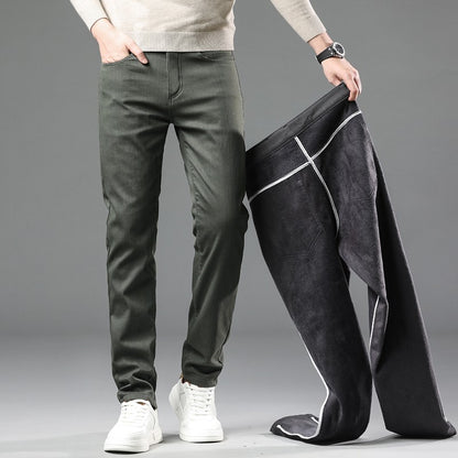 Fleece Pants Men's Winter Thick Slim Elastic Business Casual Velvet Pants Warm Fashion Solid Color Plush Trousers Male