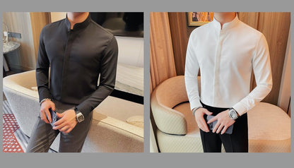 Men Standing Collar Shirt Long Sleeved 2024 Autumn British Style Solid Casual Hidden Button Elastic Slim Fit Formal Dress Shirt