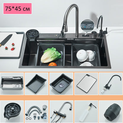 304 Stainless Steel Kitchen Sink Double Waterfall Single Slot Integrated Digital Display Faucet Set Soap dispenser Cup Washer
