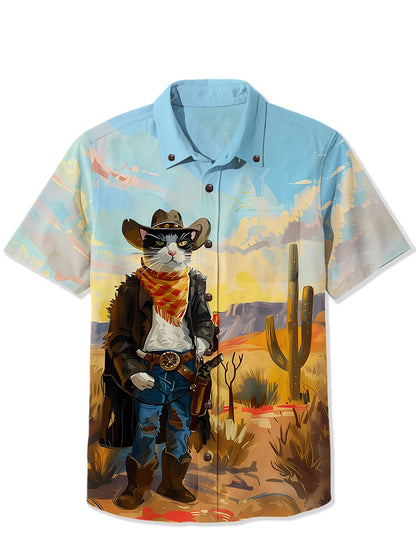 Men's Shirt Summer Casual Fashion Short Sleeve 3D Printed Denim Red Kitten Print Men's Hawaiian Lapel Single Breasted Shirt