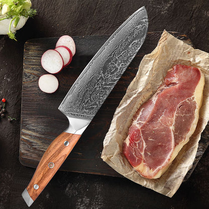 Conjunto de Facas de Cozinha Profissionais em Aço Damasco 1-8 Peças Faca Chef, Santoku, Cutelo, Pão, Desossar e Utilitárias - Afiadas como Navalha
