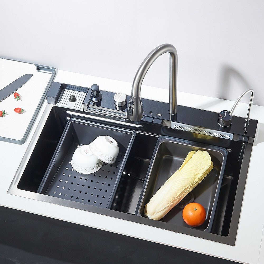 304 Stainless Steel Waterfall Kitchen Sink Large Single Slot Integrated Digital Display Faucet Set Soap Dispenser 75*45cm