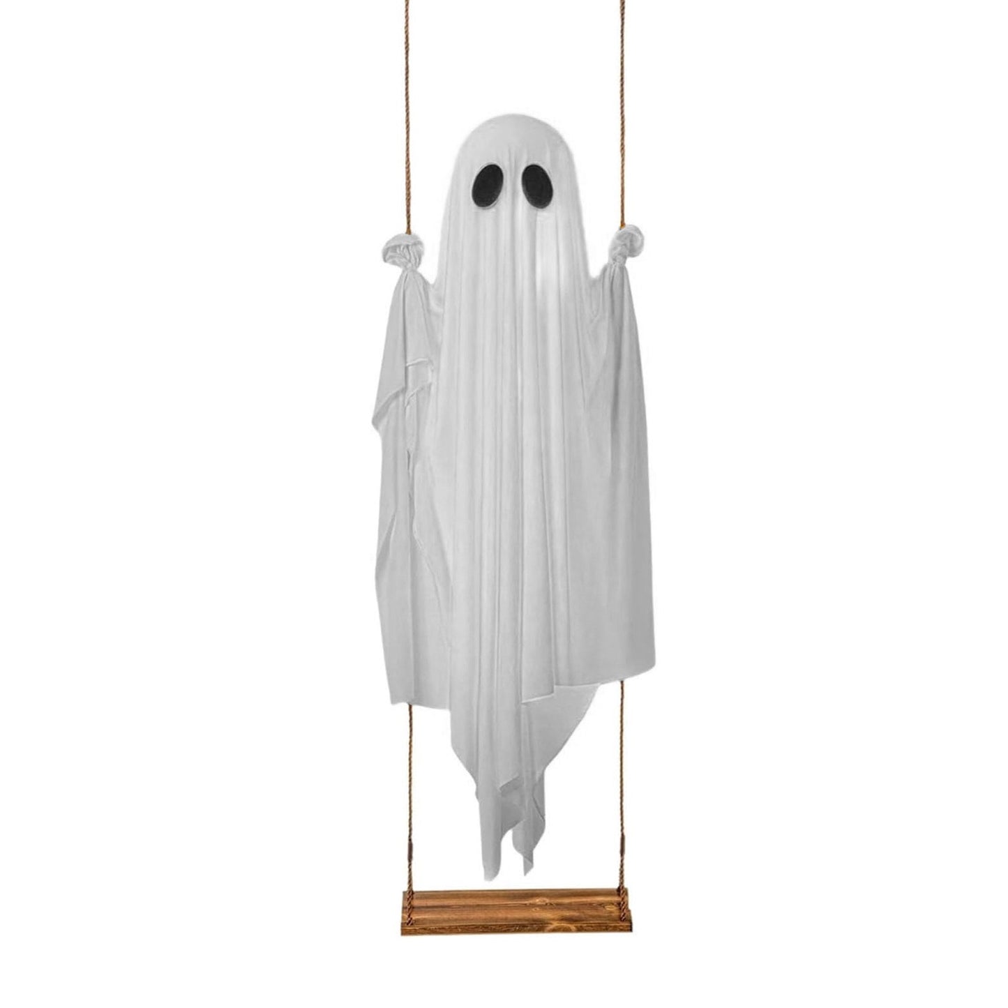 6FT Large Hanging Swing Ghost Halloween Decoration Cute White Ghost with String Light Spooky Ghost Ornament for Porch Yard Trees
