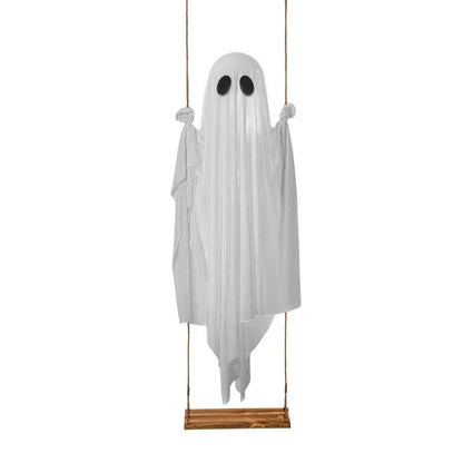 6FT Large Hanging Swing Ghost Halloween Decoration Cute White Ghost with String Light Spooky Ghost Ornament for Porch Yard Trees