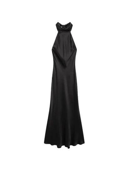 TRZA-Women's Long Satin Halter Dress, Backless, Bow Tied, Back Zipper, Female Dr