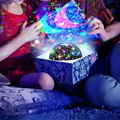 Projetor de luz noturna estrelada alimentado por USB com lua e estrelas – giratório em 360°, 9 modos de cores