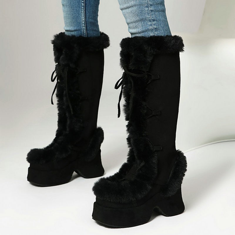 8CM Chunk Heels Winter Warm Knee High Boots Women Snow Short Plush Platform Boots Faux Fur Cosplay Lace-up Long Shoes Size 34-43