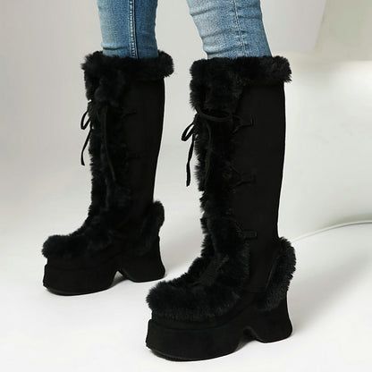 8CM Chunk Heels Winter Warm Knee High Boots Women Snow Short Plush Platform Boots Faux Fur Cosplay Lace-up Long Shoes Size 34-43