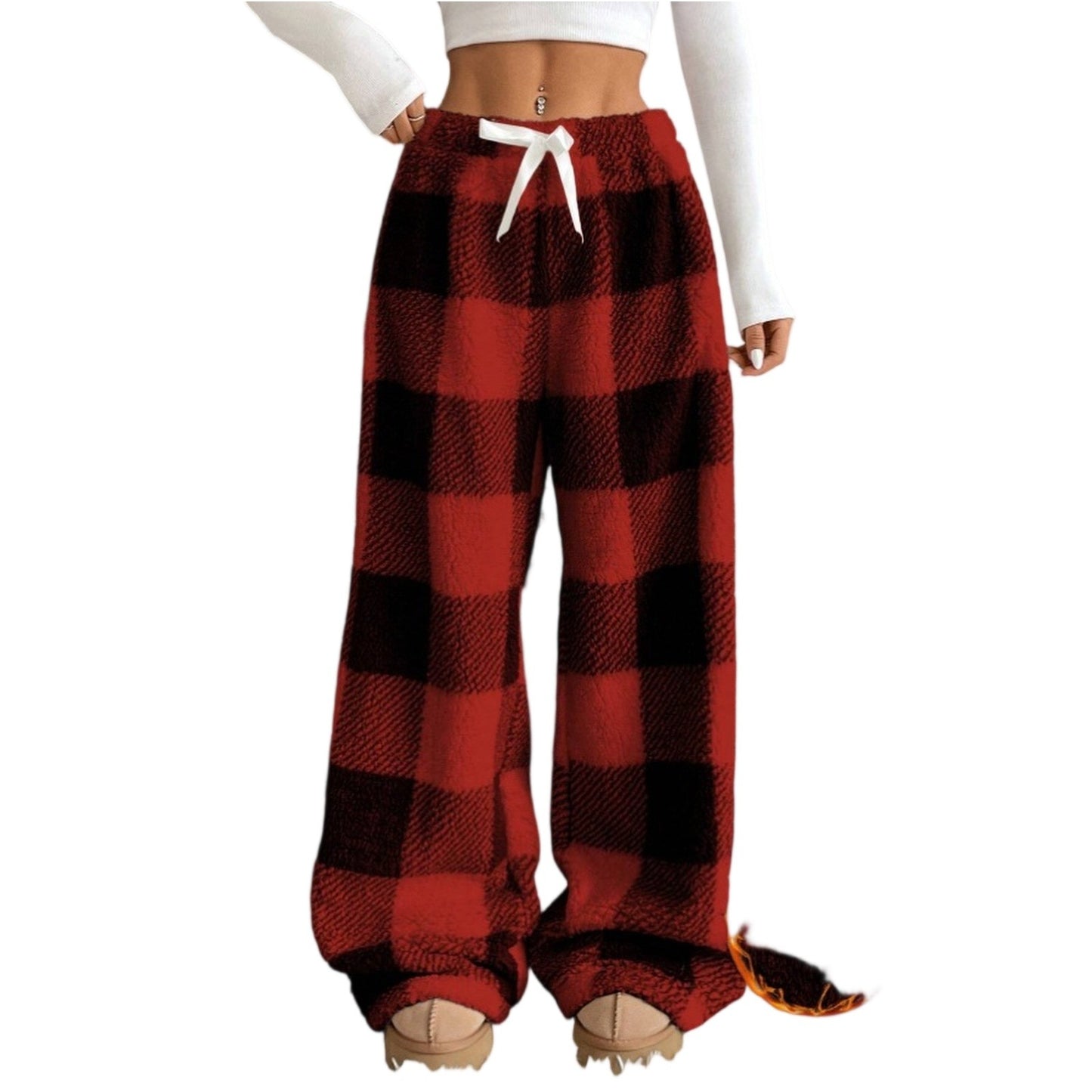 Christmas Elastic Waist Long Pants Women Trousers Wide leg Casual Female Belt Plaid Loose Ankle-Length Home Pants 2YK Pajama