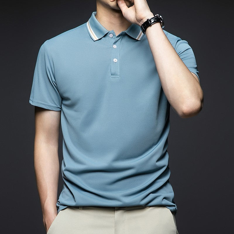 Men's Fashion Solid Short Sleeved Striped Lapel Polo Shirt Summer Breathable Comfortable Top