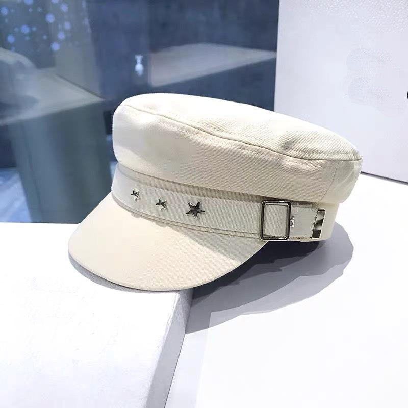 Chapéu Feminino Fashion com Fivela de Metal, Boné Octogonal de Algodão, Boina de Estrela Elegante para Inverno, Boina Estilo Cinto, Chapéu Plano Streetwear