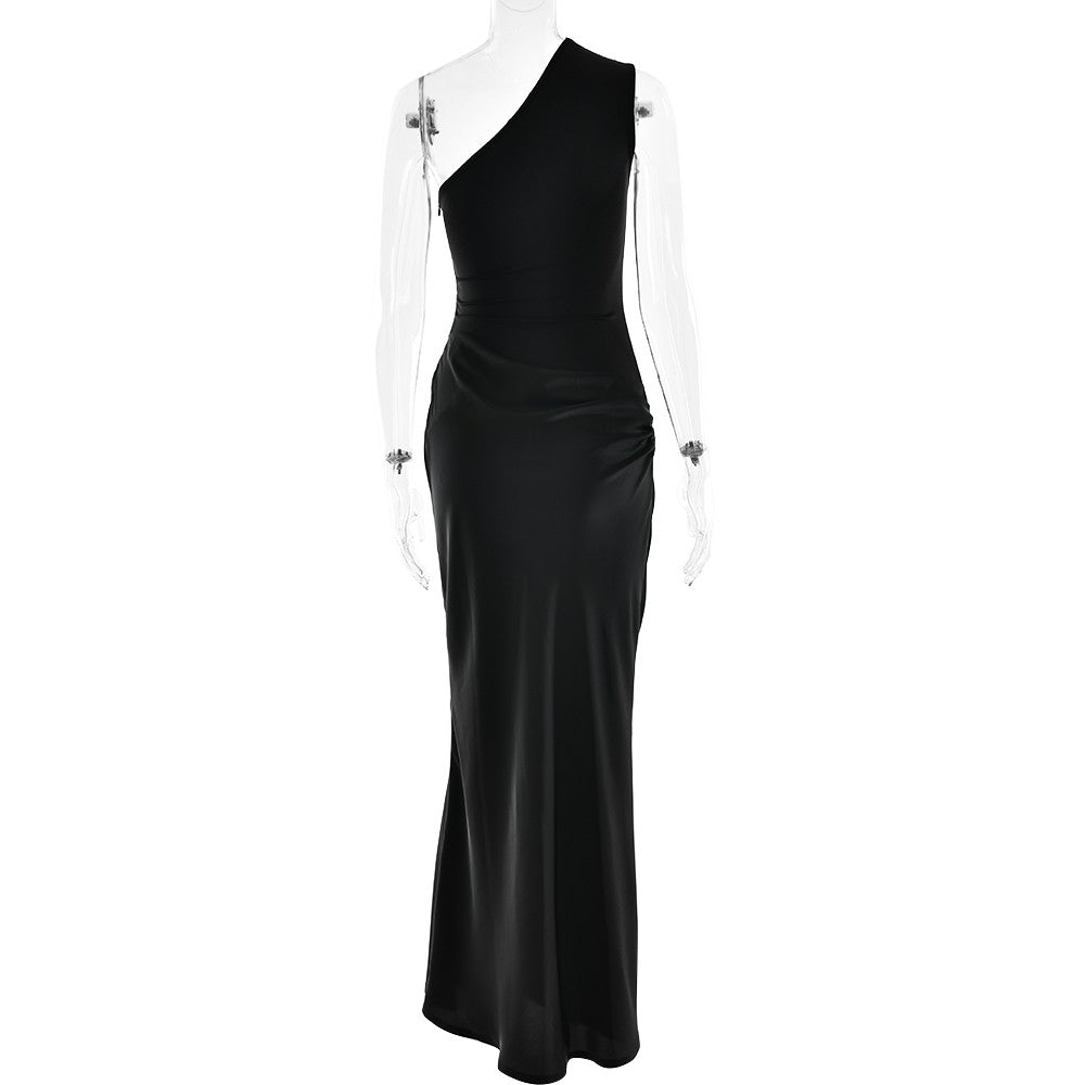 JULISSA MO Patchwork Satin Sexy One Shoulder Women Maxi Dress Brown Sleeveless E