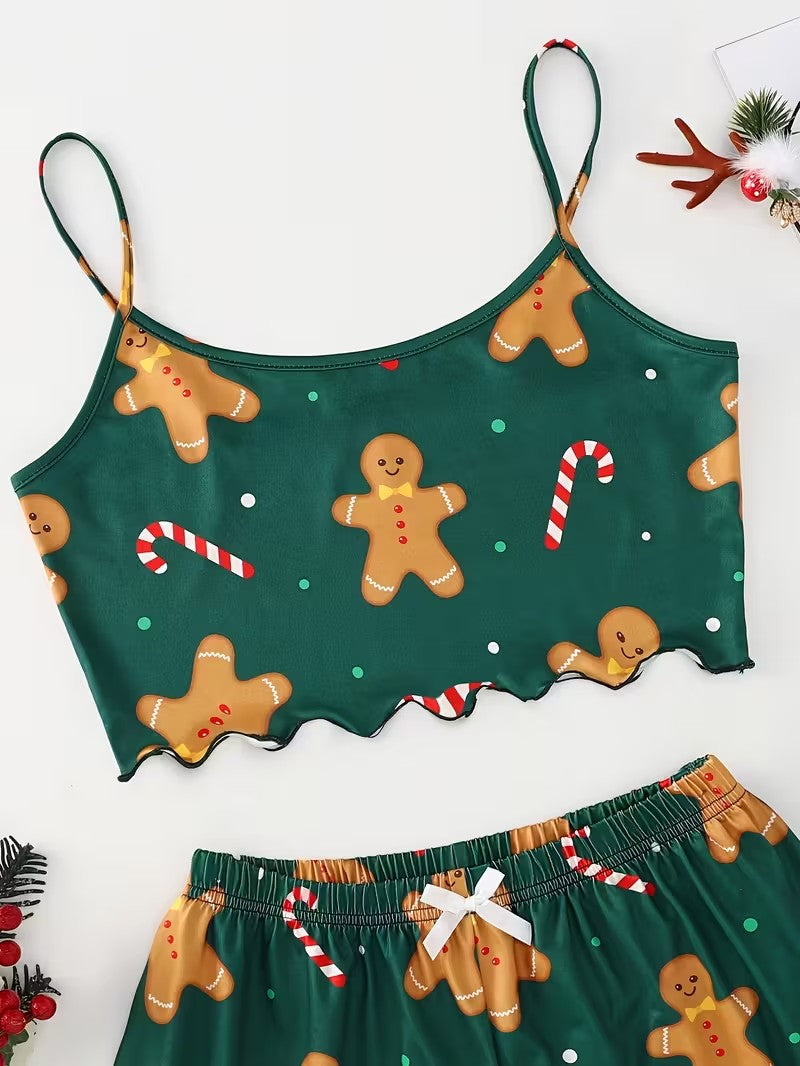 Women's Sleepwear Soft Christmas Festival Cute Gingerbread Print 2 Pieces Pajama Set Crop Tops and Shorts Loungewear