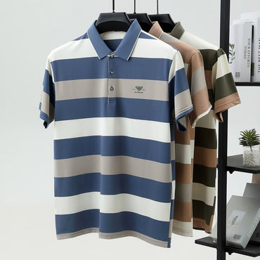 100% pure cotton fashion short sleeve polo shirt men's luxury brand embossed wide stripe color blocked summer casual lapel top