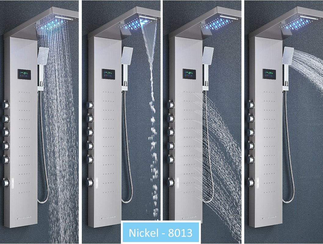 Sistema de Torre de Painel de Chuveiro de LED Coluna de Chuveiro de Cascata de Chuva com Tela LCD de Hidroeletricidade com Torneira de Chuveiro de Spa de Corpo com Massagem