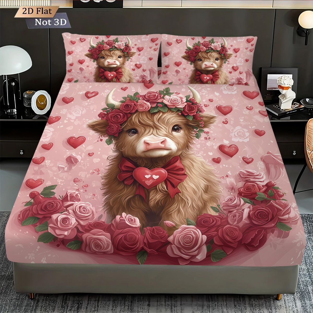 3pcs Valentine's Day Romantic Highland Cow Print coreless Bed Sheet Set Multiple Sizes Bed Cover Bedroom Bedding Decoration