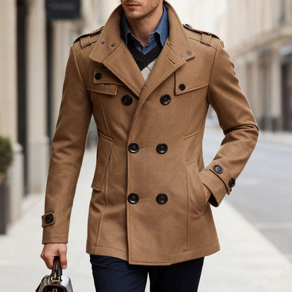 Men's Double-breasted Woolen Overcoat Fashion Solid Color Mid-length Jacket Luxury Light Business Stand Collar Trench Coat M-3XL