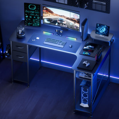 Mesa Gamer em L com Gavetas, Mesa de Computador em Fibra de Carbono com Suporte para Monitor, Mesa Gamer para Escritório Doméstico
