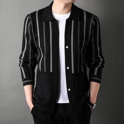 Knitted Cardigan Men's Minimalist Black and White Sweater Autumn and Winter New Slim Fit Sweater Youth Striped Jacket