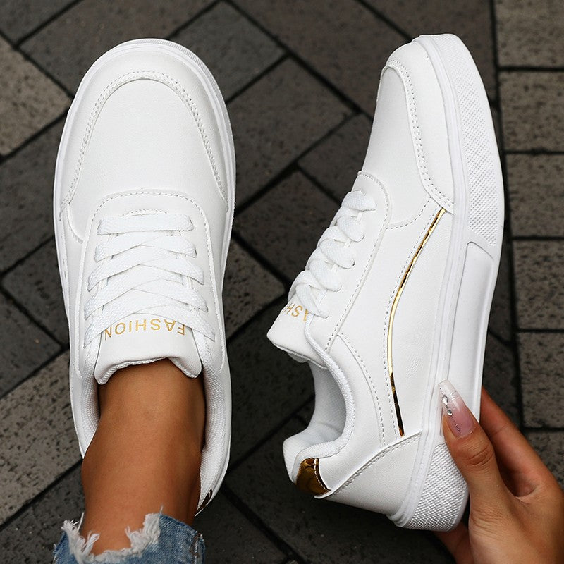 Women's Casual White Sneakers Chic Silver Trim Soft Lining Non Slip Shoes New Minimalist Design PU Leathe Skate Shoes for Women