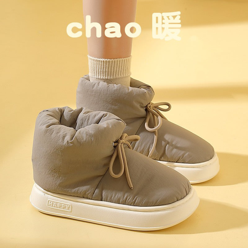 Winter Warm Thick Furry Women Ankle Boots Indoor Lace-up Plush Slippers Ladies Men Home Cotton Shoes