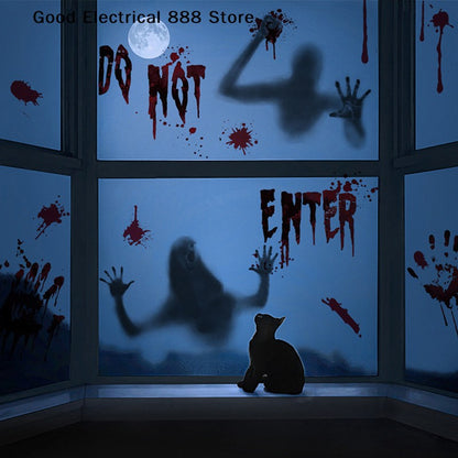 ?G?Halloween Stickers Horror Blood Hand Print Door Stickers Window Bathroom Shadow Glass Female Ghost Wall Decal Halloween Decor