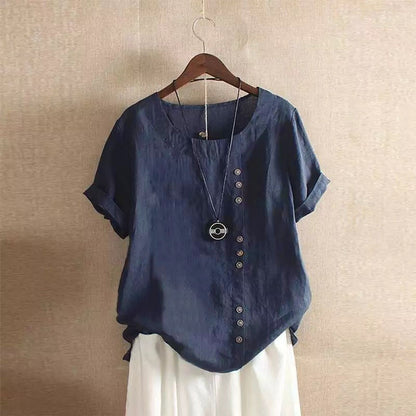Women's Cotton Linen Top Summer Casual Loose Fitting Button Short Sleeve Solid Color Pullover Blouse Femme Blusas Camisa Mujer