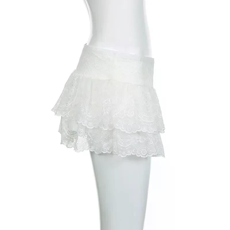Lace Tulle Skirt A-line Miniskirt Black Solid Low Waist Tiered Lace Shorts Skirts Womens White Fairycore Micro Boho Skirt