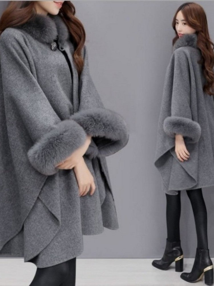 Women Wool Mid Length Coats Jackets Blends Fur Collar Cloak Coat Y2k Streetwear Jacket Work Outerwear Autumn Winter 2025
