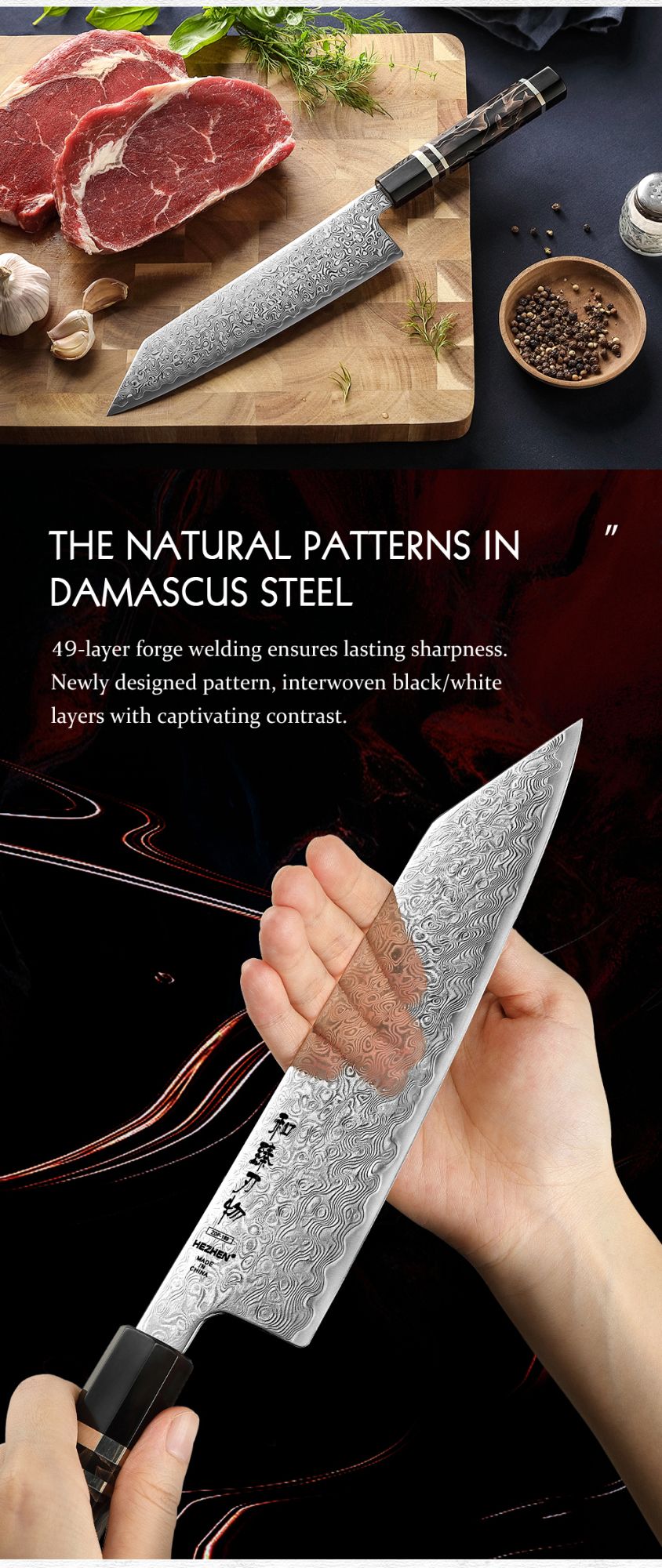 HEZHEN 8.3 Inch Bunka Knife 49 Layers ZDP-189 Damascus steel Powder Core Steel Kitchen Cook Wooden Gift Box kiritsuke Knife