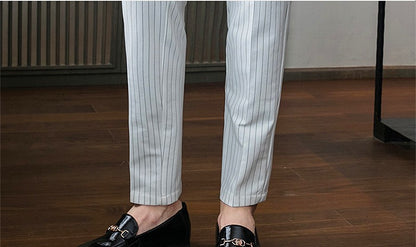 White Vertical Stripes Suit Pants Men, Blue Black Trousers, Fashion Slim Men's Pant Business Pantalones Hombre Autumn New Slacks