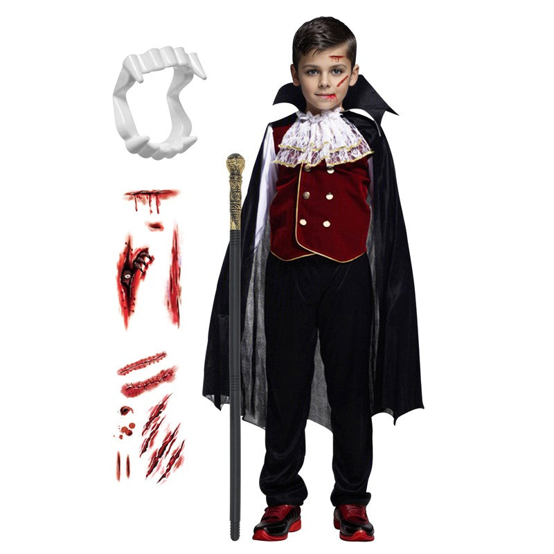 Kids Vampire Cosplay Costume for Boys Men Halloween Carnival Party Costumes with Walking Cane Stickers False Teeth