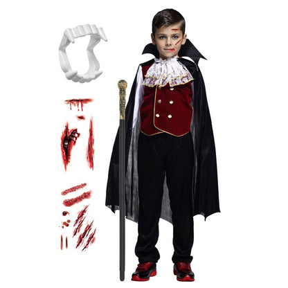 Kids Vampire Cosplay Costume for Boys Men Halloween Carnival Party Costumes with Walking Cane Stickers False Teeth
