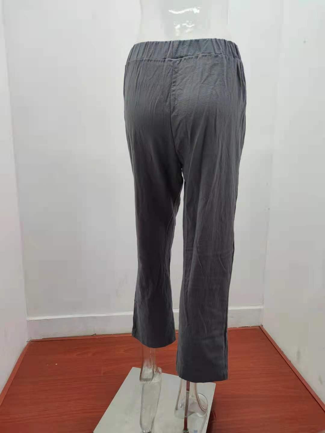 2025 Autumn Women's Summer Elastic Waist Pure Cotton Hemp Strap Loose Pants