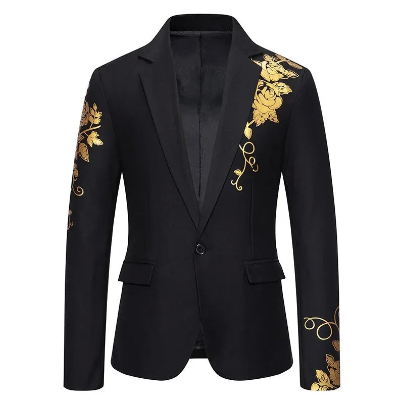 2024 New Men Business Social Suit Loose Jacket Black / White / Royal Blue Fashion Male Wedding Prom Party Rose Printed Blazers