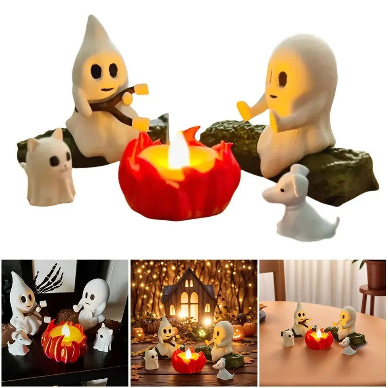Halloween Ghost Nightlight Campfire Figurine Set Cute Ghost Statue Small Campfire Light Fun Halloween Decor Gift for Home Party