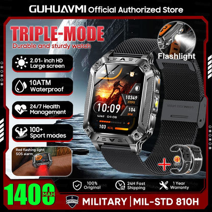 2026 Novo 1400mAh Bateria Grande Militar Ao Ar Livre 2.01 polegadas Smartwatch Masculino 10ATM À Prova D'água Chamada Bluetooth Relógio Inteligente Esportivo